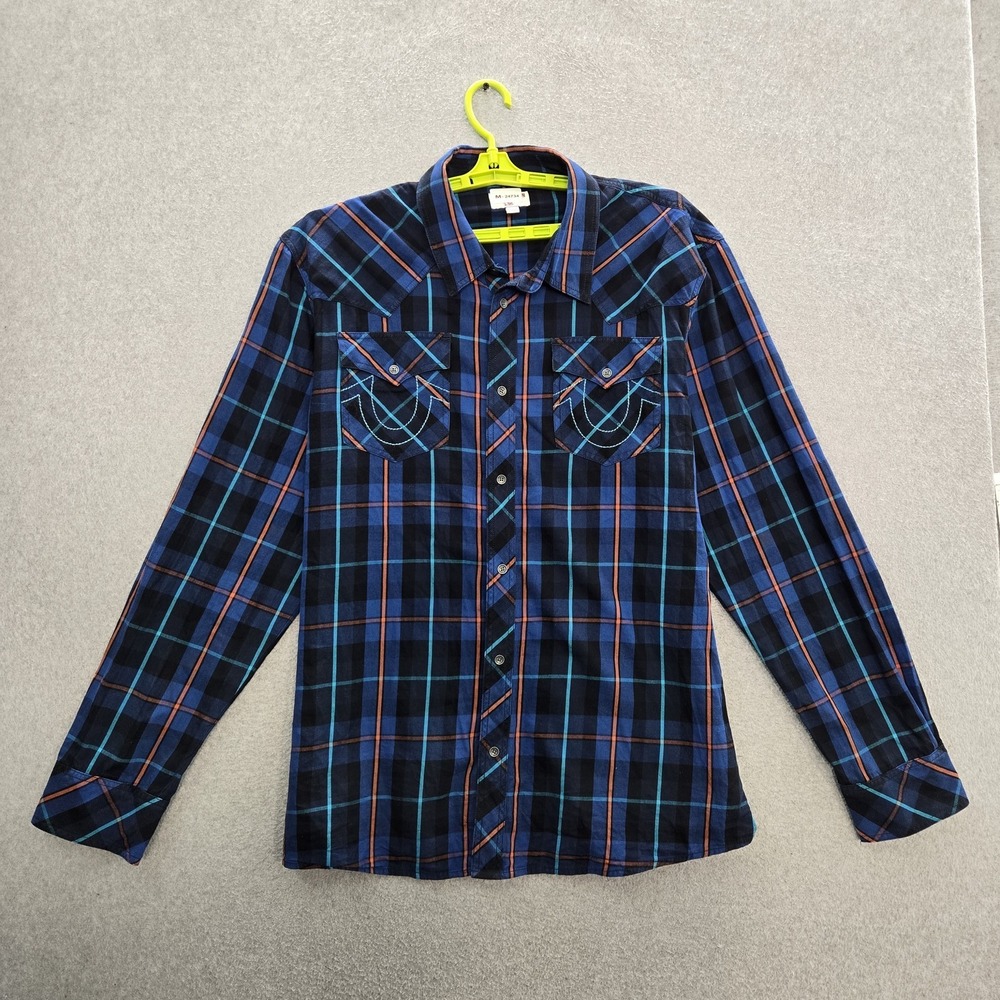 True Religion Men Button Up Shirt 3XL Blue Plaid Flannel Western Horseshoe